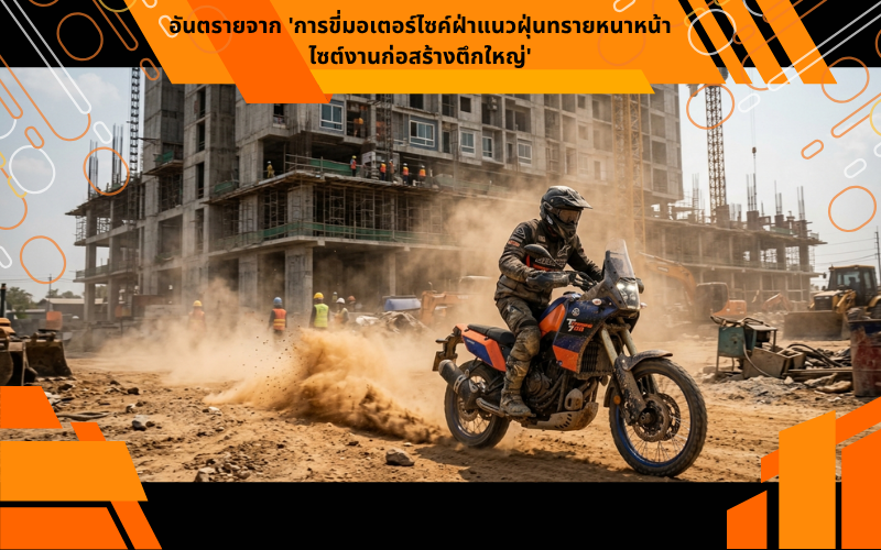 อันตรายจาก 'การขี่มอเตอร์ไซค์ฝ่าแนวฝุ่นทรายหนาหน้าไซต์งานก่อสร้างตึกใหญ่'