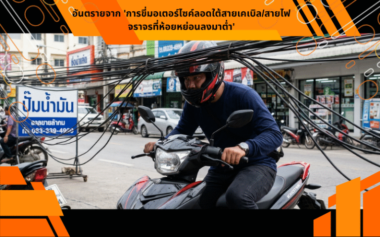 อันตรายจาก 'การขี่มอเตอร์ไซค์ลอดใต้สายเคเบิล/สายไฟจราจรที่ห้อยหย่อนลงมาต่ำ'