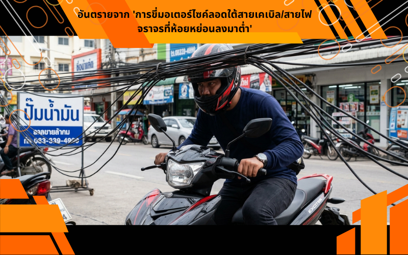 อันตรายจาก 'การขี่มอเตอร์ไซค์ลอดใต้สายเคเบิล/สายไฟจราจรที่ห้อยหย่อนลงมาต่ำ'