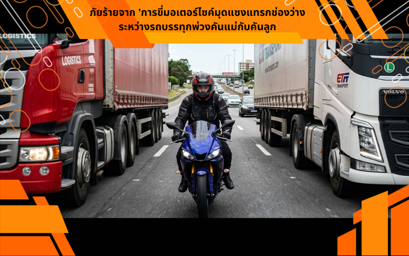 ภัยร้ายจาก 'การขี่มอเตอร์ไซค์มุดแซงแทรกช่องว่างระหว่างรถบรรทุกพ่วงคันแม่กับคันลูก
